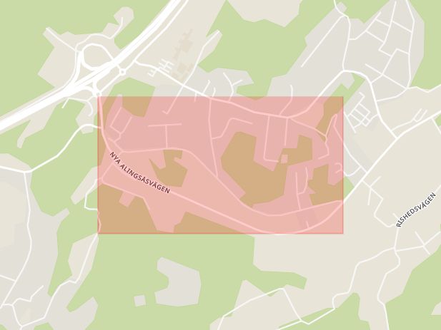 Karta som med röd fyrkant ramar in Nya Alingsåsvägen, Ale, Västra Götalands län