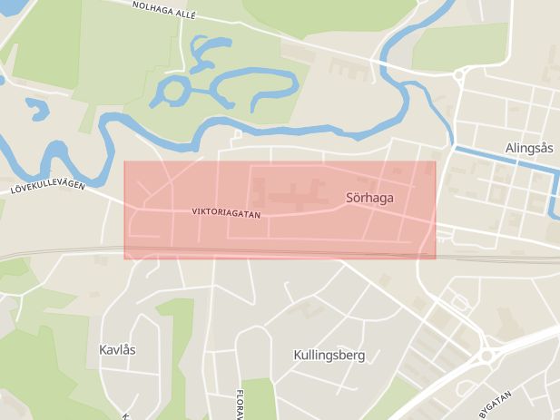 Karta som med röd fyrkant ramar in Viktoriagatan, Alingsås, Västra Götalands län