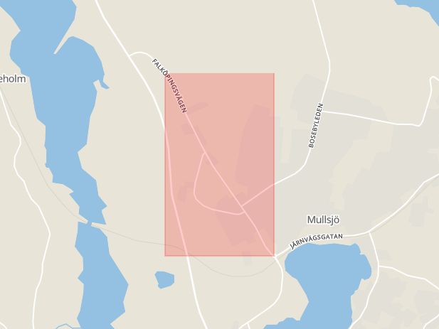 Karta som med röd fyrkant ramar in Falköpingsvägen, Mullsjö, Jönköpings län