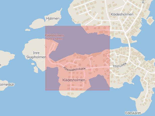 Karta som med röd fyrkant ramar in Fiskhamnsvägen, Göteborg, Västra Götalands län