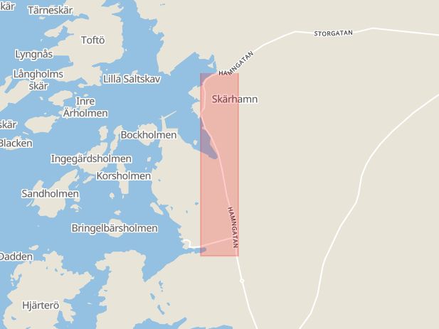 Karta som med röd fyrkant ramar in Hamngatan, Skärhamn, Tjörn, Västra Götalands län
