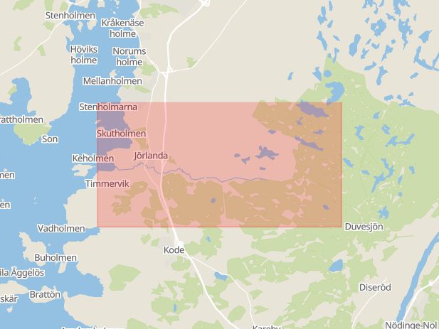 Karta som med röd fyrkant ramar in Töreboda, Stenungsund, Jörlanda, Borås, Kungälv, Kongahällagatan, Partille, Skulltorpsvägen, Västra Götalands län