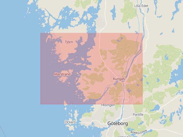 Karta som med röd fyrkant ramar in Jörlandamotet, Kungälv, Stenungsund, Västra Götalands län