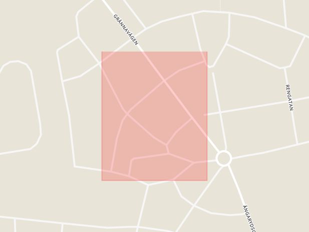 Karta som med röd fyrkant ramar in Stjärngatan, Karlagatan, Skogsgatan, Grännavägen, Majorsgatan, Tranås, Jönköpings län