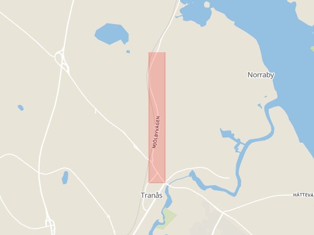 Karta som med röd fyrkant ramar in Mjölbyvägen, Tranås, Jönköpings län