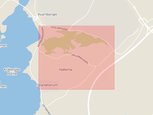 Karta som med röd fyrkant ramar in Hallernaleden, Stenungsund, Västra Götalands län