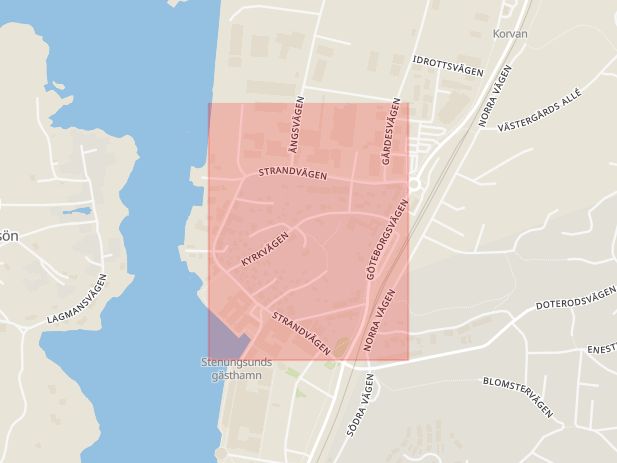Karta som med röd fyrkant ramar in Strandvägen, Stenungsund, Västra Götalands län