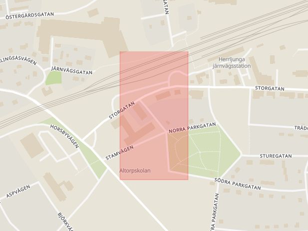 Karta som med röd fyrkant ramar in Västra Parkgatan, Herrljunga, Västra Götalands län