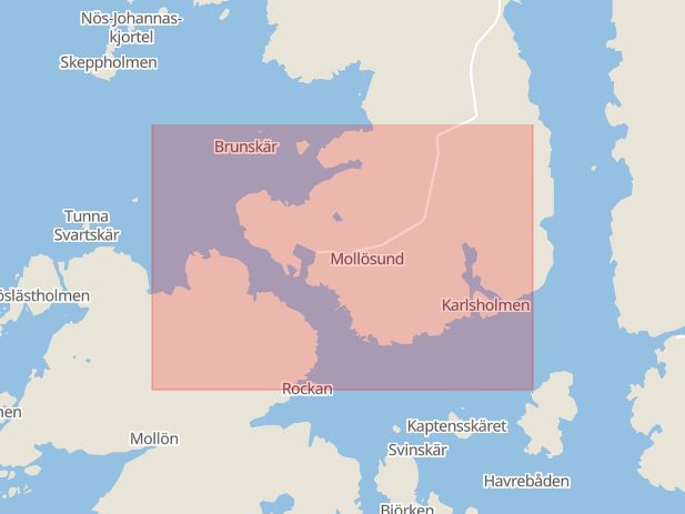 Karta som med röd fyrkant ramar in Mollösund, Orust, Västra Götalands län