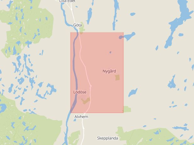 Karta som med röd fyrkant ramar in Lödöse, Ale, Västra Götalands län