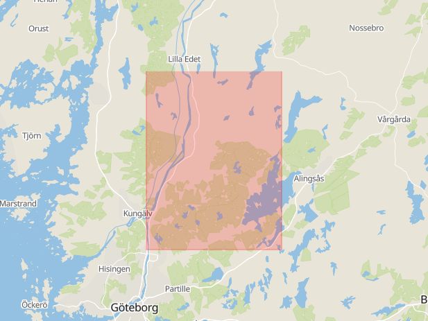 Karta som med röd fyrkant ramar in Kärrvägen, Mossvägen, Ale, Västra Götalands län