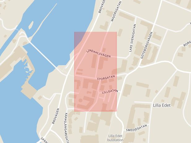 Karta som med röd fyrkant ramar in Edet, Storgatan, Majorsgatan, Lindahlsvägen, Lilla edet, Västra Götalands län