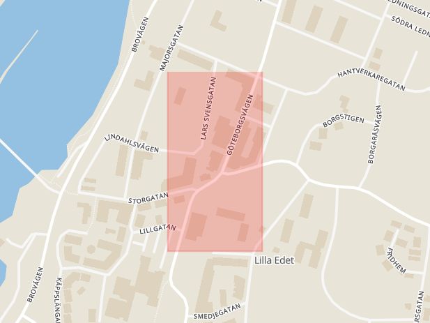 Karta som med röd fyrkant ramar in Lilla Edet, Göteborgsvägen, Götene, Västerbyvägen, Vasagatan, Västra Götalands län