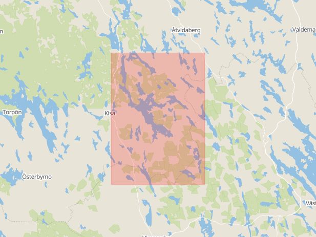 Karta som med röd fyrkant ramar in Rimforsa, Kisa, Kinda, Östergötlands län