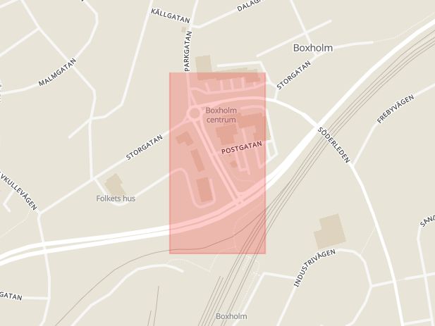 Karta som med röd fyrkant ramar in Centrumgatan, Inneboende, Boxholm, Östergötlands län