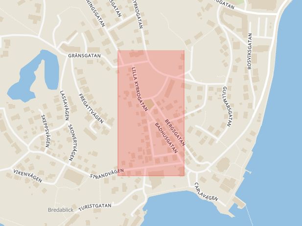 Karta som med röd fyrkant ramar in Lilla Kyrkogatan, Lysekil, Västra Götalands län