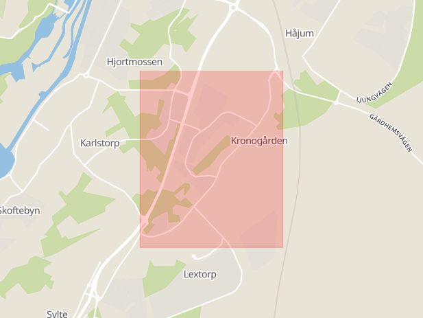 Karta som med röd fyrkant ramar in Kronogården, Lantmannavägen, Trollhättan, Västra Götalands län
