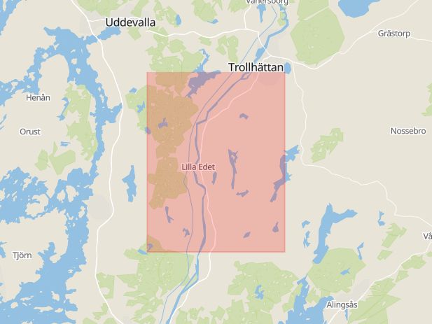 Karta som med röd fyrkant ramar in Lilla Edet, Göteborg, Mariaplan, Sahlgrenska Sjukhuset, Uddevalla, Hyggestråket, Myråsvägen, Västra götalands län, Västra Götalands län
