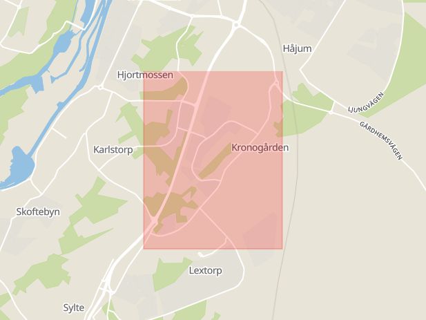 Karta som med röd fyrkant ramar in Trollhättan, Lantmannavägen, Göteborg, Härryda, Mölnlyckemotet, Västra Götalands län