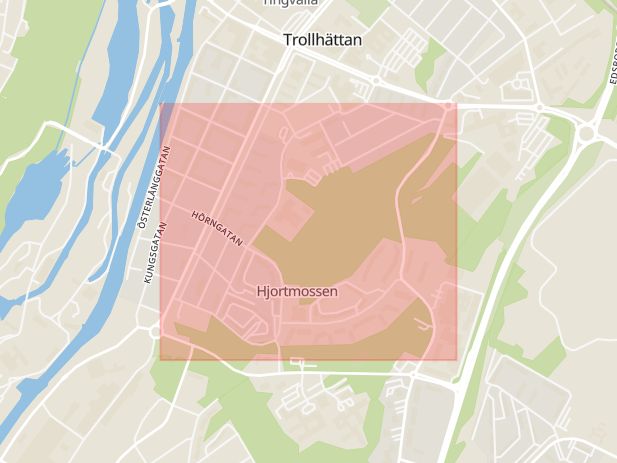Karta som med röd fyrkant ramar in Hjortmossegatan, Trollhättan, Västra Götalands län