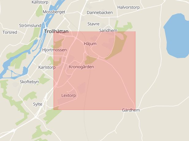 Karta som med röd fyrkant ramar in Gärdhemsvägen, Kronogården, Trollhättan, Västra Götalands län