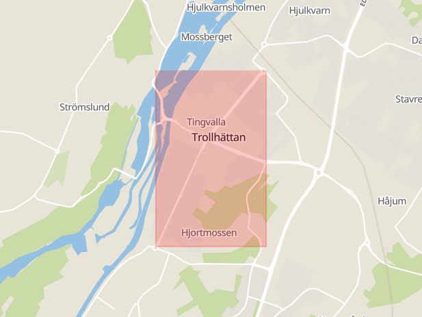 Karta som med röd fyrkant ramar in Drottninggatan, Trollhättan, Västra Götalands län