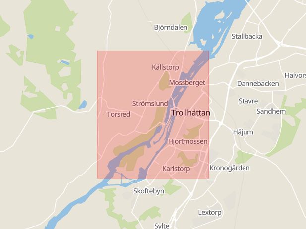 Karta som med röd fyrkant ramar in Torsered, Trollhättan, Västra Götalands län