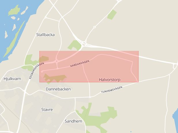 Karta som med röd fyrkant ramar in Kardanvägen, Trollhättan, Västra Götalands län