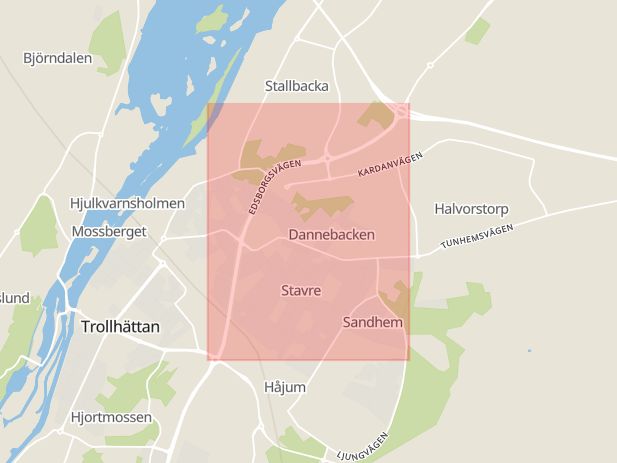 Karta som med röd fyrkant ramar in Trollhättan, Edsborgsvägen, Borås, Hedared, Göteborg, Uggledalsvägen, Kungsbacka, Rävlanda, Hällingsjö, Skövde, Herrekvarnsvägen, Västra Götalands län