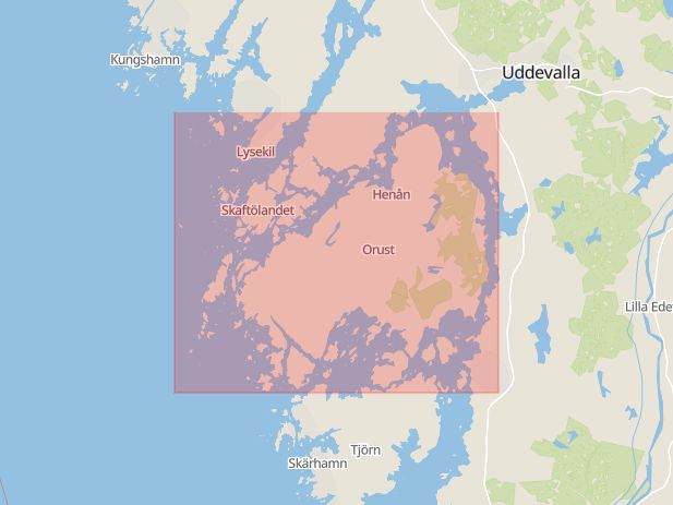Karta som med röd fyrkant ramar in Orust, Västra Götalands län