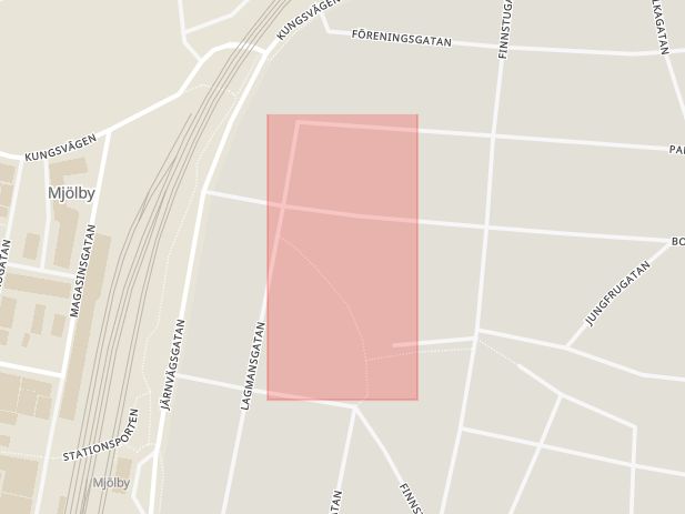 Karta som med röd fyrkant ramar in Östergötland, Södra Promenaden, Norrköping, Bockarpsvägen, Lagmansgatan, Mjölby, Slottsgatan, Östergötlands län