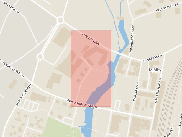 Karta som med röd fyrkant ramar in Gästgivaregatan, Ågatan, Mjölby, Östergötlands län