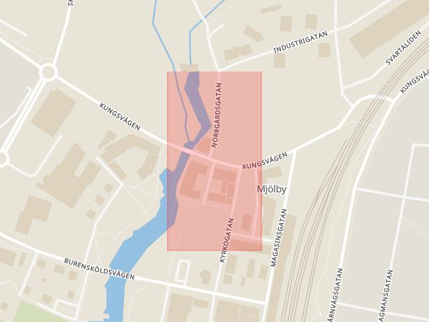Karta som med röd fyrkant ramar in Mjölby, Kungsvägen, Norra Strandvägen, Hända, Östergötlands län