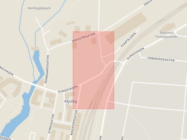 Karta som med röd fyrkant ramar in Kungsvägen, Mjölby, Kristinagatan, Norrköping, Östergötlands län
