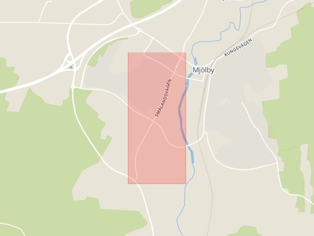 Karta som med röd fyrkant ramar in Smålandsvägen, Mjölby, Östergötlands län