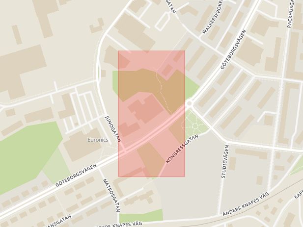 Karta som med röd fyrkant ramar in Packhusgatan, Göteborgsvägen, Uddevalla, Västra Götalands län