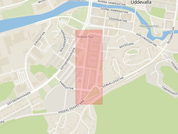 Karta som med röd fyrkant ramar in Packhusgatan, Uddevalla, Västra Götalands län