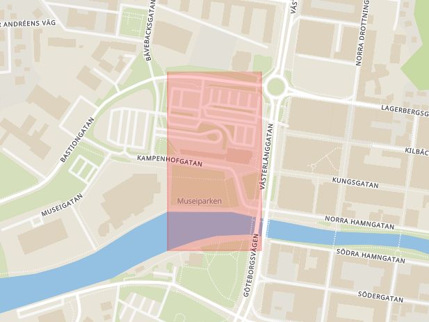 Karta som med röd fyrkant ramar in Kampenhof, Bastionsgatan, Uddevalla, Västra Götalands län