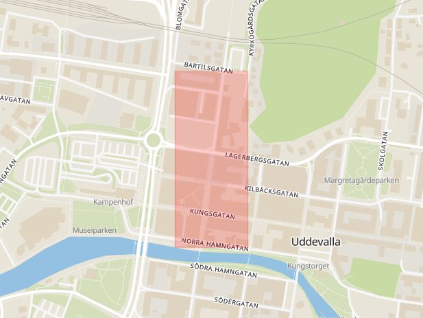 Karta som med röd fyrkant ramar in Norra Drottninggatan, Uddevalla, Västra Götalands län