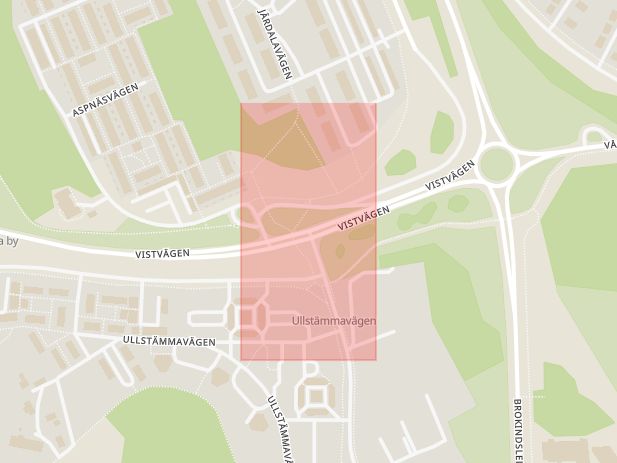Karta som med röd fyrkant ramar in Ullstämmavägen, Vistvägen, Linköping, Östergötlands län