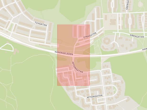 Karta som med röd fyrkant ramar in Haningeleden, Strågatan, Linköping, Östergötlands län
