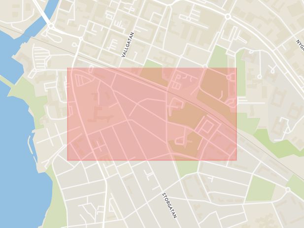 Karta som med röd fyrkant ramar in Belfragegatan, Vänersborg, Västra Götalands län