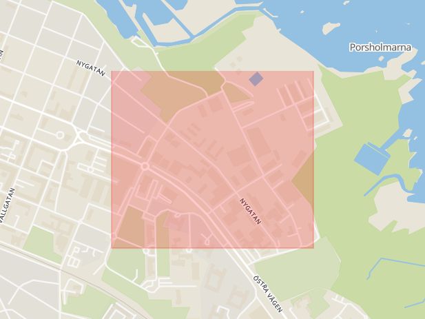 Karta som med röd fyrkant ramar in Regementsgatan, Vänersborg, Västra Götalands län