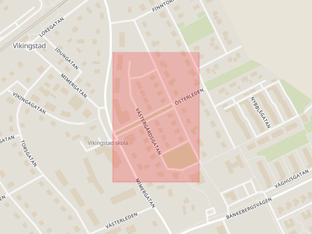 Karta som med röd fyrkant ramar in Västergårdsgatan, Vikingstad, Linköping, Östergötlands län