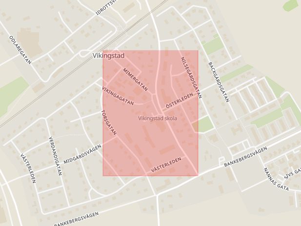 Karta som med röd fyrkant ramar in Vikingstad, Mimergatan, Linköpings Kommun, Linköping, Östergötlands län