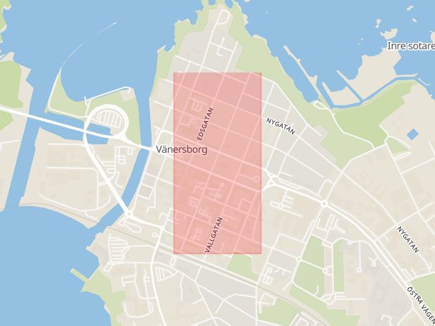 Karta som med röd fyrkant ramar in Kyrkogatan, Vänersborg, Västra Götalands län
