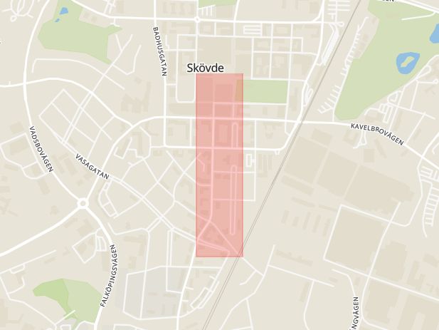 Karta som med röd fyrkant ramar in Storgatan, Skövde, Västra Götalands län