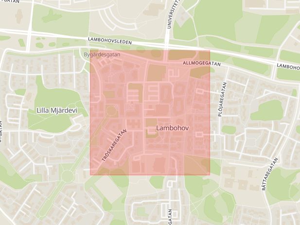 Karta som med röd fyrkant ramar in Tröskaregatan, Linköping, Östergötlands län