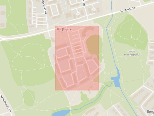 Karta som med röd fyrkant ramar in Pionjärgatan, Berga, Linköping, Östergötlands län