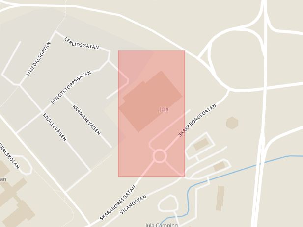 Karta som med röd fyrkant ramar in Skaraborgsgatan, Vallgatan, Skara, Västra Götalands län